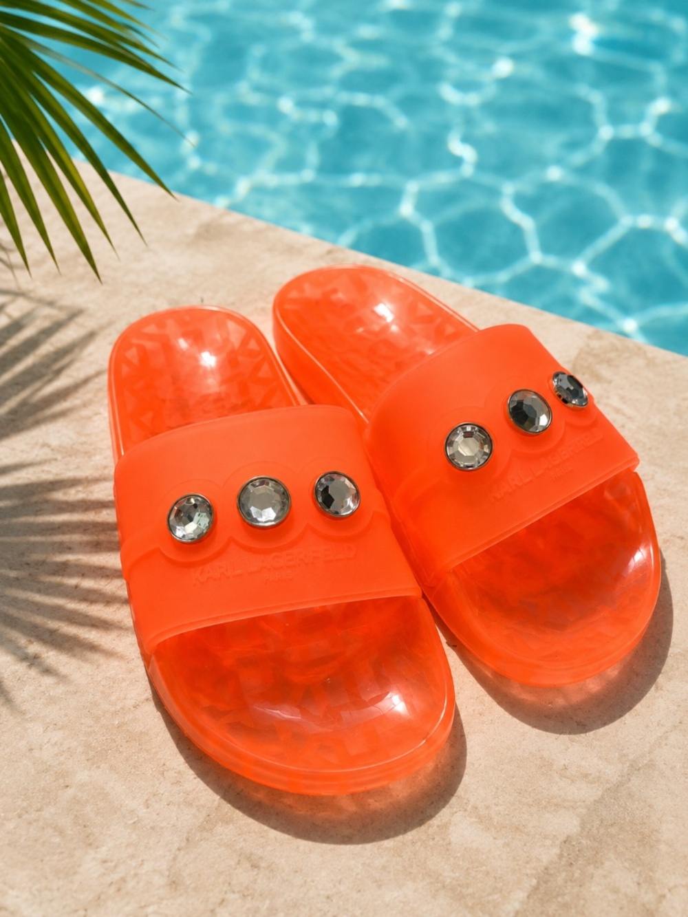NWOB Karl Lagerfeld Toni Jelly Slides Neon Orange Rhinestone Sandals